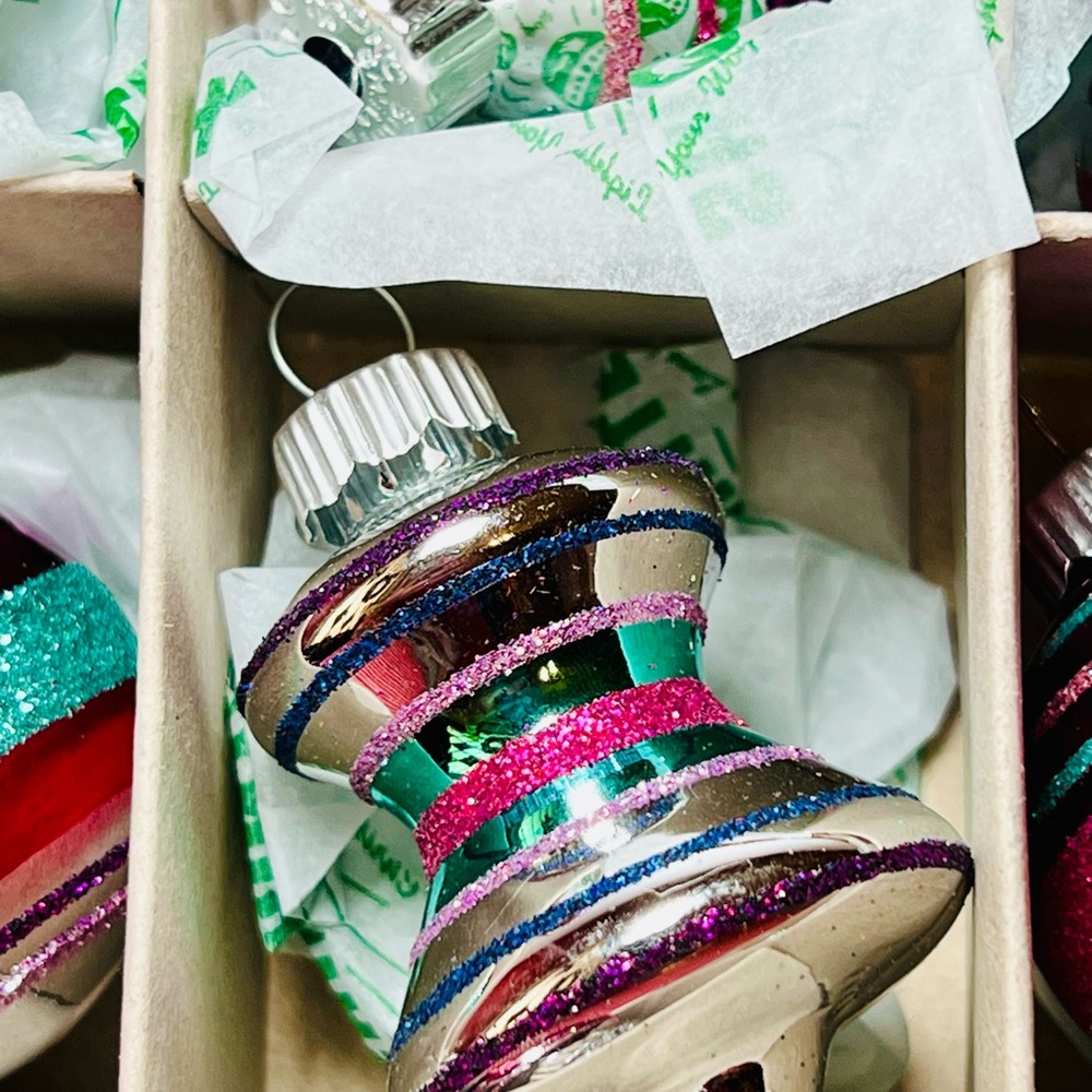 12 Radko Spools Bells Beehives Balls Glass Ornaments Pink Teal Purple Glitter - Picture 8 of 13